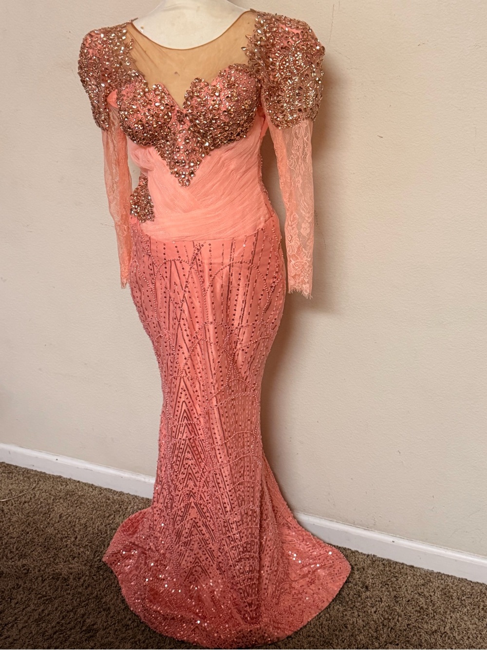 Embellished Coral Pink Beaded Prom Gown